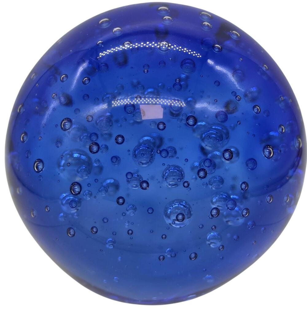 BLUE BUBBLES ART GLASS PAPERWEIGHT 3 1/2"